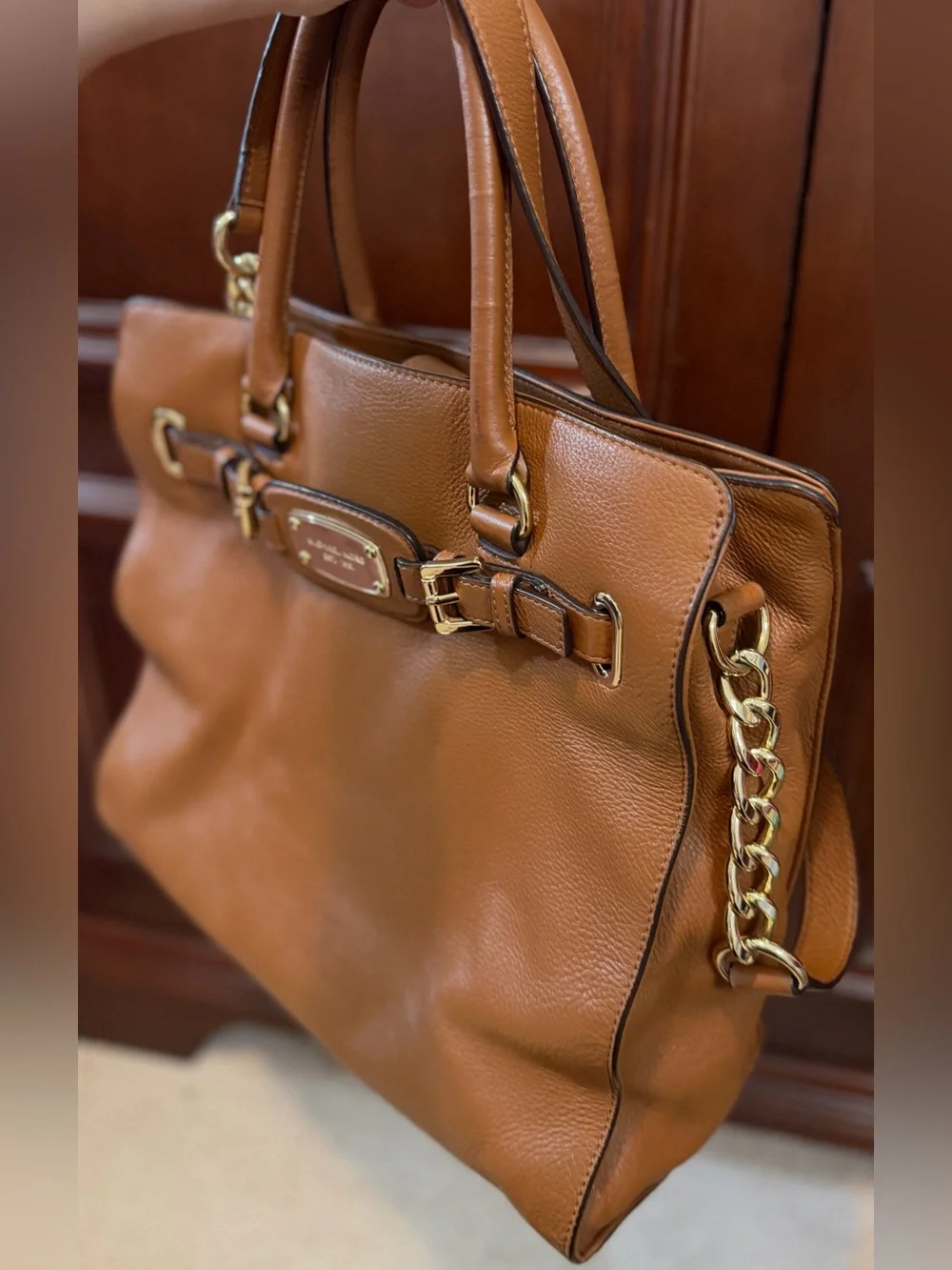 Michael Kors Hamilton Large Leather Tote Satchel Bag- Brown